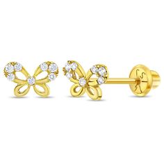 Your little girl will look sweet and pretty all day with these pair of 14k yellow gold butterfly screw back earrings. Its cute size will be suitable for your baby girl's small pierced ears. These butterfly earrings for babies to toddlers have safety screw backs for an extra comfort and security. Buy this bright and sparkling butterfly jewelry to add a little pop of color to your little girl's wardrobe. Gift box included. Teen Ring, Teen Necklaces, Teen Earrings, Beautiful Stud Earrings, Teen Jewelry, Baby Earrings, Kids Rings, Baby Bracelet, Butterfly Earrings Stud