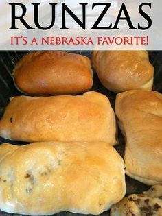 some bread rolls sitting on top of a cooling rack with the words runzas it's a nerbaska favorite