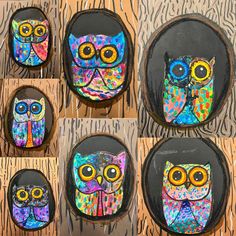 several colorful owls painted on rocks in front of a wall