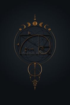 the golden clock is surrounded by circles and moon phases on a black background with gold accents