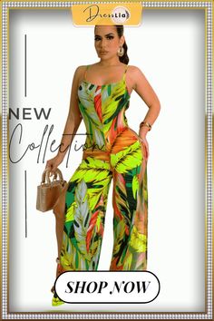 Tropical Print Spaghetti Straps Wide Leg Jumpsuit Green Spaghetti Strap Jumpsuits And Rompers For Summer, Casual Beach Bodysuit With Spaghetti Straps, Casual Bodysuit With Spaghetti Straps For Beach, Trendy Jumpsuits And Rompers For Beach Season, Trendy Overall Bodysuit For Summer, Trendy Summer Bodysuit, Fitted Summer Jumpsuits And Rompers With Tropical Print, Fitted Tropical Print Jumpsuits And Rompers For Summer, Sleeveless Tropical Bodysuit For Spring