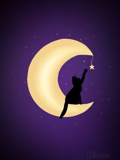 a cat sitting on the moon with its paw in the air and reaching up to the stars