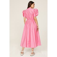 Pink cotton (100% Cotton). A-line. Short sleeves. V-neck. Back zipper closure. 55" from shoulder to hemline. Made in the USA of imported fabric. Spring Cotton V-neck Dress With Short Sleeves, Cotton A-line Maxi Dress With Ruffles, Spring Cotton Puff Sleeve Dress With Ruffles, Feminine Cotton Puff Sleeve Midi Dress, Feminine Cotton Midi Dress For Spring, Spring Feminine Cotton Midi Dress, Spring Cotton V-neck Dress, Chic V-neck Cotton Maxi Dress, Feminine Cotton Puff Sleeve Knee-length Dress