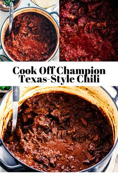 three pictures showing different types of chili in pots with the words cook off champion texas style chili