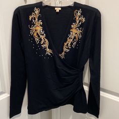 Soft Rayon Cotton Spandex Pit To Pit 37” Length From Center Back 23” Nwot Beaded Fitted Tops For Winter, Fitted Beaded Tops For Winter, Elegant Beaded Stretch Top, Bohemian V-neck Sequin Tops, Wrap Sweater, Sequin Beading, Beaded Wraps, Cotton Spandex, Colorful Sweaters