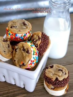 chocolate chip cookies and ice cream sandwiches with sprinkles in a white container