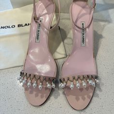 Gorgeous, Vintage Pale Pink Fabric (Might Be Silk But Not Sure) 3 Inch Heel Sandals. Dainty Crystals And Beading On The Toe Straps Move When You Walk. Would Be Beautiful To Wear To A Wedding Or For A Special Occasion. Some Marks Visible On The Sides Of The Footbed From The Glue When The Shoes Were Made. See Photos. You Would Not See This When Wearing The Shoes Though. Never Worn. Comes With Original Box And Dust Bag. Elegant Pink Embellished Sandals, Designer Pink Sandals For Wedding, Manolo Blahnik Kitten Heels, Manolo Blahnik White, Manolo Blahnik Pink, Manolo Blahnik Sandals, Shoes Manolo Blahnik, Fabric Sandals, Manolo Blahnik Black