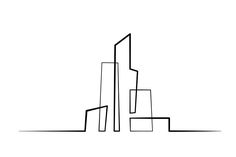 a black and white line drawing of two tall buildings in the middle of a city