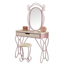 a pink vanity table with mirror and stool