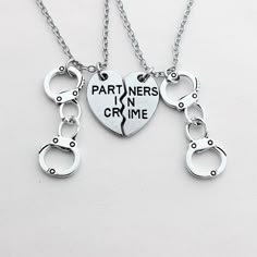 "Partners in crime set of two Necklace,If you choose the quantity \"1\",You will get 2 Necklace Material:Alloy heart charm : 20mm(2*10mm)/0.787inch; Compass charm : 25mm/0.98inch; No Matter Where charm : 20mm/0.787inch (1\"=2.54cm=25.4mm,1cm = 0.39 inch). Necklace Length: 18\" + 1\" extension chain (Can be adjusted on request). (1\"=2.54cm=25.4mm,1cm = 0.39 inch). We can adjust the length of your requirements just leave me a message at checkout Color: As show Packing: Beautiful Pouch This neckla Sisters Necklace, Bff Bracelets, Bff Jewelry, Best Friend Bracelets, Best Friend Necklace, Sister Necklace, Bff Necklaces, Bff Gift, Friend Jewelry