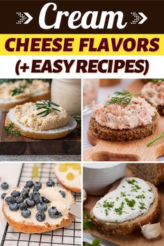 four different images with the words cream cheese flavors and easy recipes on them, including breads