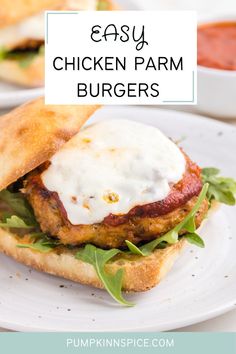 chicken parm burgers on a white plate with the title overlay reads easy chicken parm burgers