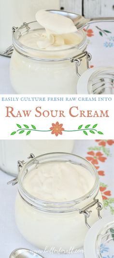 raw sour cream in a glass jar with spoons