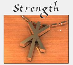 a wooden cross with the words strength on it and an image of a chain attached to it