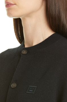 An embroidered face patch—Acne's simple representation of a Swedish citizen—keeps an even-keeled expression on this cozy wool cardigan. 21" length (size Small) Front button closure Crewneck Long sleeves 100% wool Dry clean or hand wash, dry flat Imported SPACE: A shop for emerging and advanced designers Beige Crewneck, Light Blue Cardigan, Slimmer Face, Face Patches, Embroidered Face, Blue Cardigan, Knitwear Cardigan, Wool Cardigan, Steel Blue