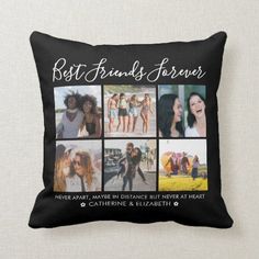 the best friends forever collage pillow is displayed on a white cushion with black background