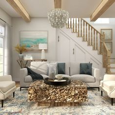 a living room filled with furniture and a firewood coffee table in front of a stair case