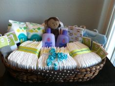 a basket filled with baby items on top of a table