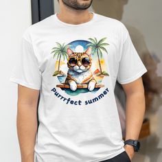 ABOUT OUR Funny shirt for summer with cat 👉Unisex T-shirt - 100% Airlume combed and ringspun cotton - Soft cotton and quality print make users fall in love with it over and over again. - These t-shirts have-ribbed knit collars to bolster shaping. - Printed and shipped from the USA CARE INSTRUCTIONS - Wash inside out with like colors. - Tumble dry or hang to dry. - Try not to iron directly over the design. Iron if necessary! HOW TO ORDER 1) Please, check and review all photos 2) Choose your sweatshirt or t-shirt style, color, and size 3) Click add to cart. You can go back and follow the same steps to add more items to your cart 4) Click "Proceed to check out" 5) Add your shipping address and choose your shipping method. (PLEASE check your current address.) 6) You can write a note to the se Casual Summer Tops With Cat Print, Casual Cat Print Top For Summer, Casual Summer Cat Print Tops, Summer Cotton T-shirt With Cat Print, Summer Cotton T-shirt With Cat Design, Summer Crew Neck T-shirt With Cat Print, Summer Cat Print Crew Neck T-shirt, Trendy Cat Print Summer Tops, Trendy Summer Tops With Cat Print