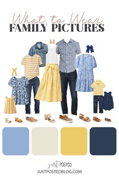 the color scheme for what to wear family pictures in blue, yellow and white colors