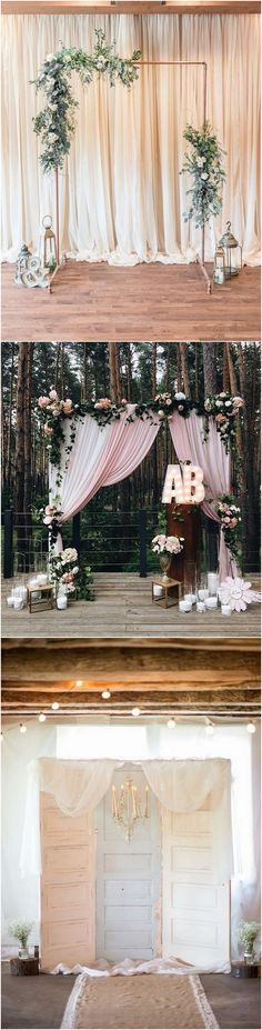 the wedding stage is decorated with flowers and greenery