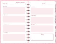 a pink planner with the words weekly planner written in black and white on top of it