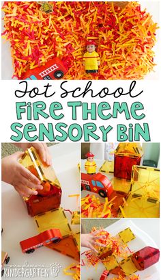 the instructions for how to make a fire theme sensory bin