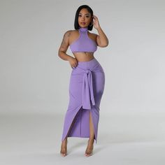 Style: Sexy Fit: Slim Fabric: Polyester Pattern: Solid Element: Backless,Tie Neckline: Turtle/High Neck Sleeve Type: Others Sleeve Length: Sleeveless Rise: High Rise Main Composition: Polyester Top Length (Set): Crop Skirt Length (Set): Midi Season: Summer Two Piece Top And Skirt, Purple Two Piece, Sleeveless Suit, Stretch Skirt, Orange Fashion, Woman Beach, Swimwear Cover, Polyester Top, Purple Fashion