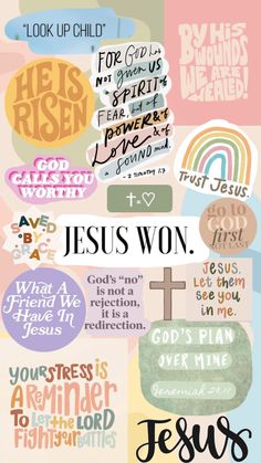 a collage of different types of stickers on a white background with the words jesus won