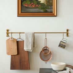 pots and pans are hanging on the wall