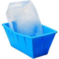 an ice cube in a blue plastic container