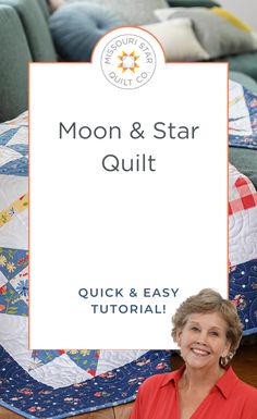 Check out this Easy Pattern Moon and Star Quilt Tutorial! Jenny Doan is stitching up a new layer cake quilt with applique moons and patchwork stars. Mosaic Star Quilt Pattern, Quilt With Applique, Becky Excell, Star Quilt Tutorial, Missouri Star Quilt Pattern, Precut Quilt Patterns