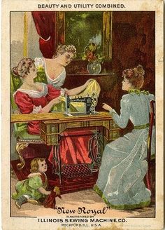 an old fashion advertisement for sewing machines with women working on the machine and another woman sitting at her desk