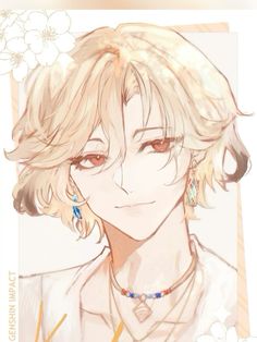 an anime character with blonde hair and blue eyes, wearing a white shirt and gold necklace