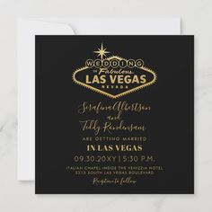 las vegas wedding save the date card with gold foil on black paper and white envelope