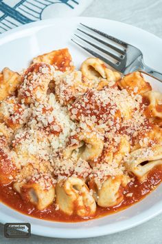 a white plate topped with pasta covered in sauce and parmesan cheese next to a fork