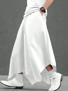 Loose Fit Men's Asymmetric Hem Wide-Leg Pants White Casual   Fabric Plain Wide Leg Non-Stretch  Men Clothing, size features are:Bust: ,Length: ,Sleeve Length: Futuristic Pants, Flowy Outfits, Wide Leg Pants Pattern, White Pants Men, Drop Crotch Pants, Irregular Hem, Pants White, Pants Pattern, White Pants