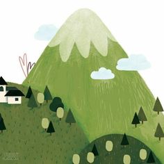 a drawing of a mountain with houses and trees