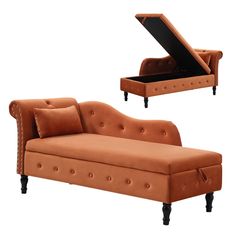 an orange chaise lounge with its open lid on the top and bottom, in front of a white background