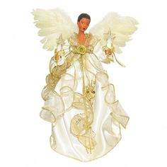 an angel figurine with white wings and gold trimmings on it's body