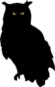 an owl with yellow eyes is silhouetted against a white background