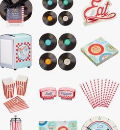 an assortment of items from the 80s's are displayed on a white background with red and blue stripes