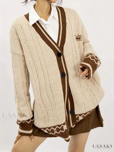 Lasaky - Classic Cable Knit Button Down Cardigan - A Casual Long Sleeve Sweater Coat Perfect for Fall and Winter Wear, Womens Apparel Collection Beige Buttoned Sweater Coat With Long Sleeves, Beige Long Sleeve Sweater Coat With Buttons, Beige Long Sleeve Sweater Coat With Button Closure, Beige Long Sleeve Cardigan With Button Closure, Long Sleeve Beige Cardigan With Button Closure, Beige Button-up Winter Sweater, Beige V-neck Outerwear With Buttons, Beige Cotton Cable Knit Outerwear, Brown Cotton Cardigan With Button Closure