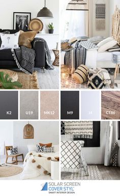 the color scheme for this living room is black, white and grey with neutral accents