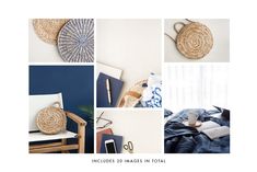 the collage shows pictures of different items in blue and white, including a chair, table