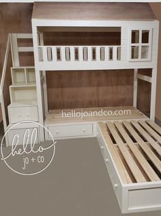 a bunk bed with drawers underneath it in a room that has brown walls and tan flooring