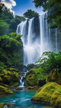 a large waterfall in the middle of a forest