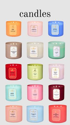 many different types of candles with the words candles on them in front of each other