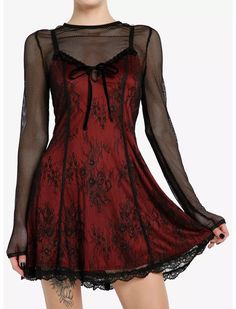 Social Collision Black & Red Lace Twofer Long-Sleeve Dress Red Goth Outfits, Twofer Dress, Vampire Dress, Vampire Clothes, Velvet Slip Dress, Red Slip Dress, Romantic Lace