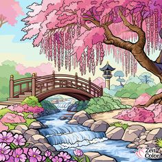 a painting of a bridge over a river with pink flowers and trees in the background